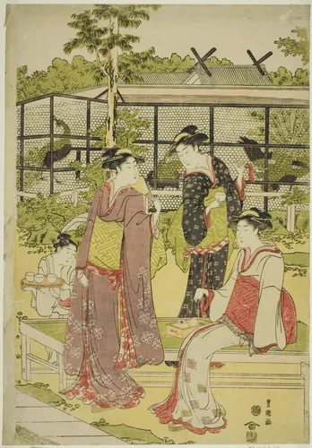 Women Visiting the Bird and Flower Teahouse (Kachojaya) by Utagawa Toyokuni I (初代 歌川 豊国), print, 1787-1798