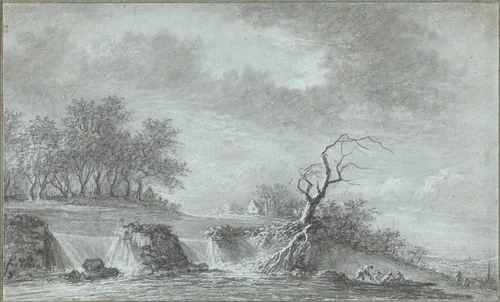 Riverscape with a Waterfall by Aignan-Thomas Desfriches, drawing, 1768