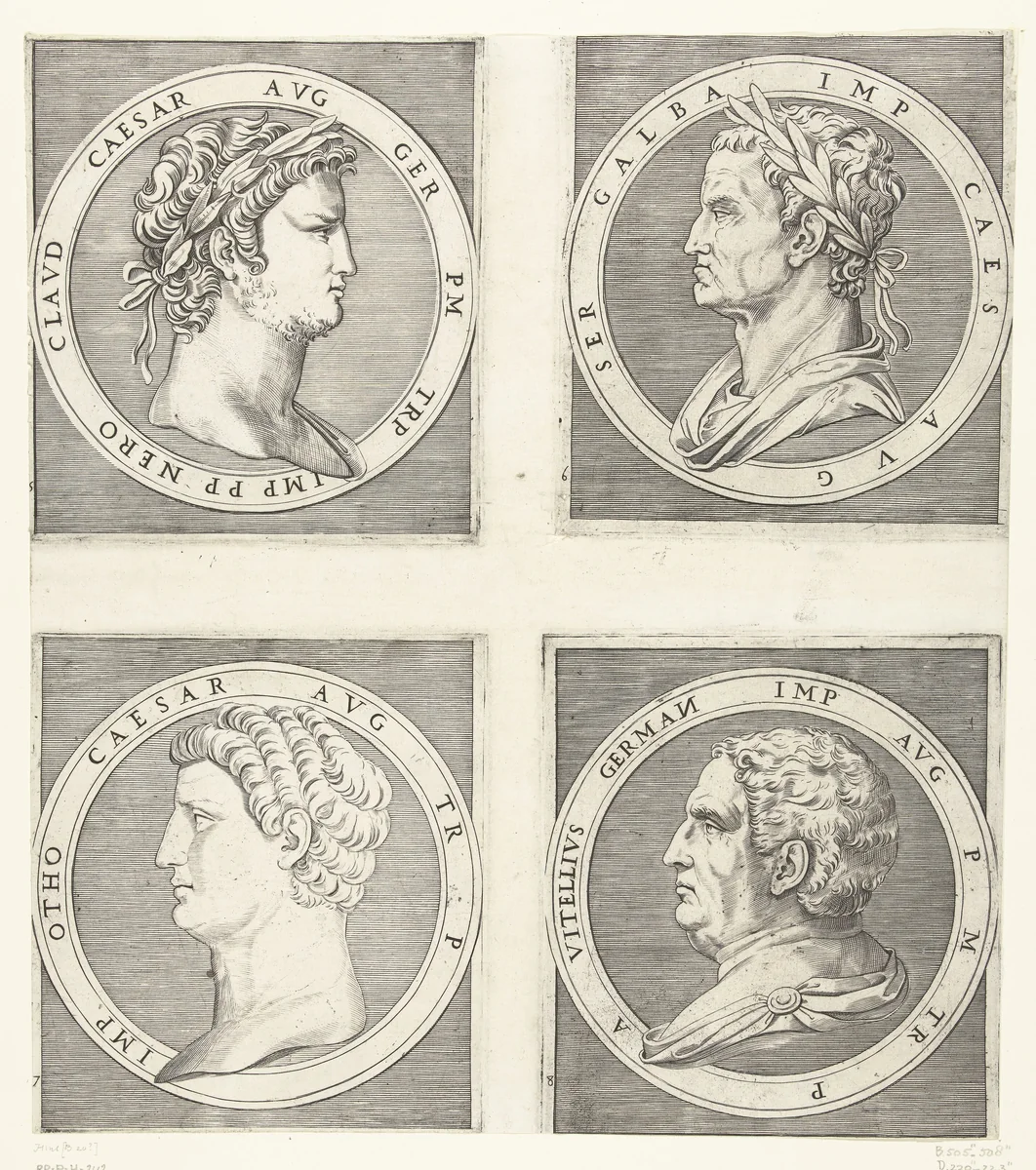 Portretten van keizers Nero en Galba en Otto en Vitelius by Marcantonio Raimondi, print, 1510-1527