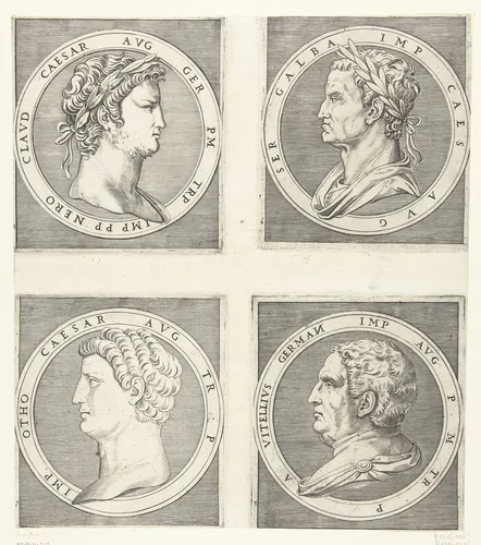 Portretten van keizers Nero en Galba en Otto en Vitelius by Marcantonio Raimondi, print, 1510-1527