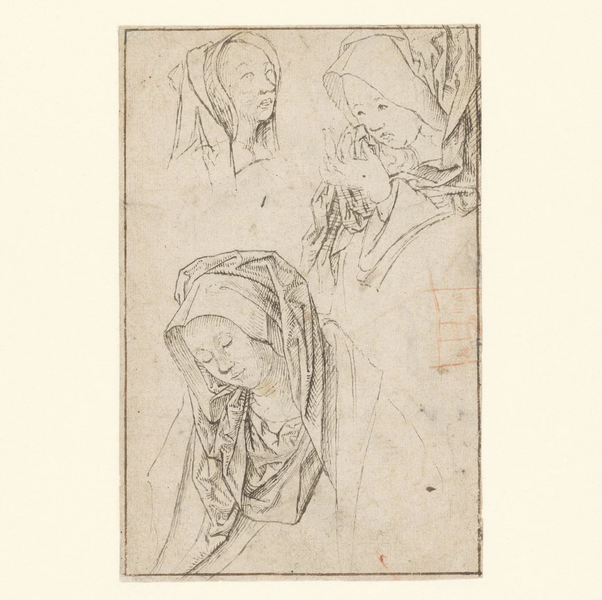 Hoofden van drie treurende vrouwen by Jacob Cornelisz van Oostsanen, drawing, 1480-1533