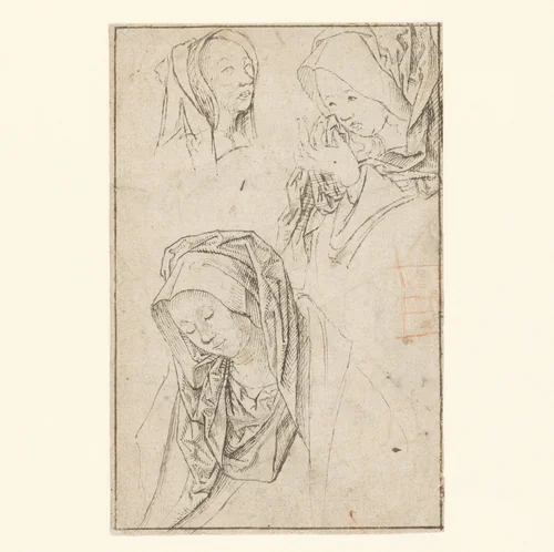 Hoofden van drie treurende vrouwen by Jacob Cornelisz van Oostsanen, drawing, 1480-1533