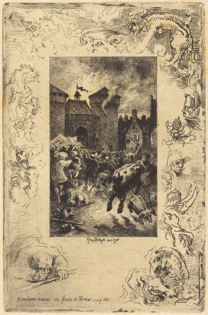 A cette lueur soudaine... (In the sudden gleam of light...) by Félix-Hilaire Buhot, print, 1878