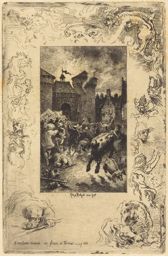 A cette lueur soudaine... (In the sudden gleam of light...) by Félix-Hilaire Buhot, print, 1878