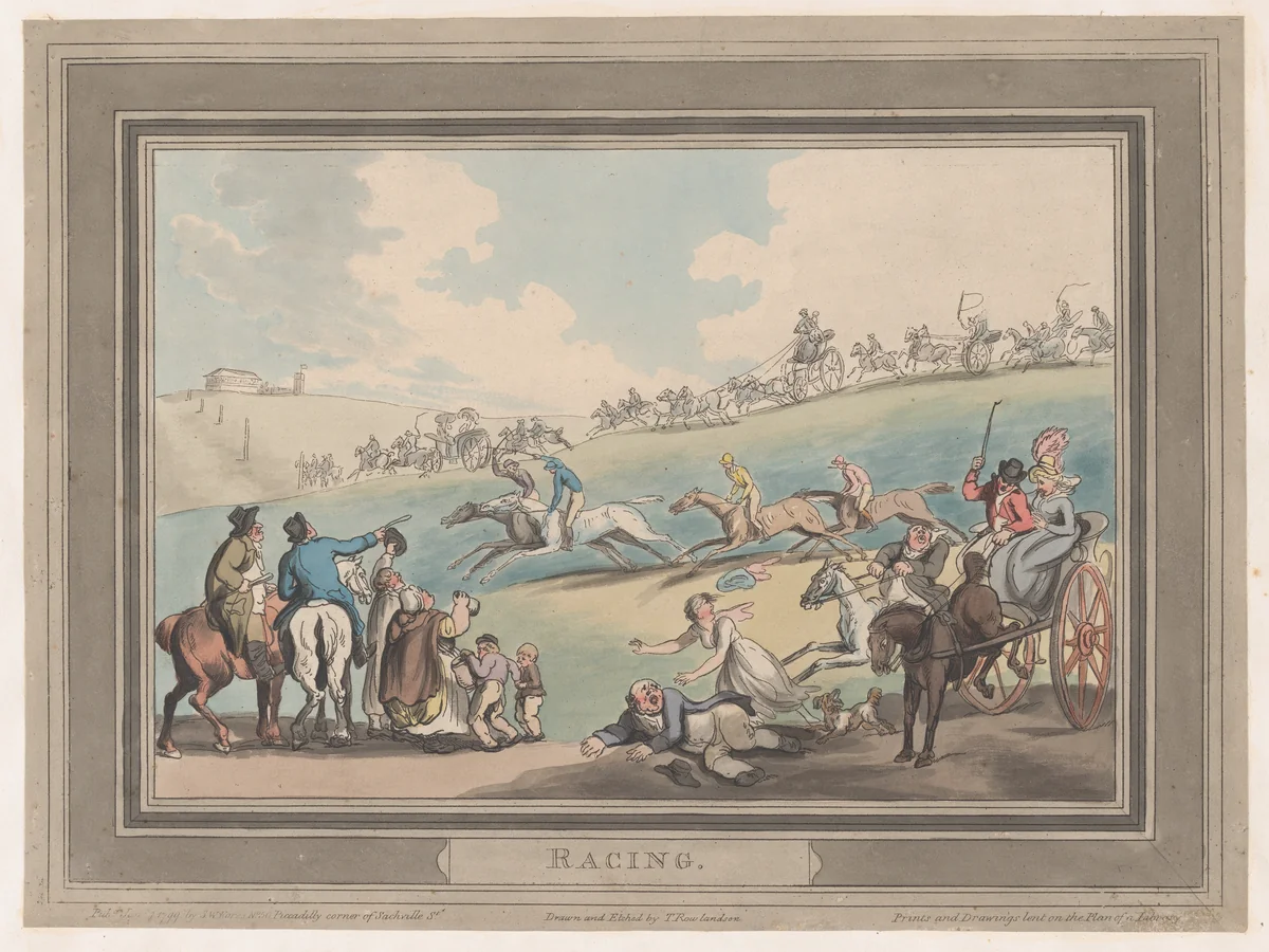 Racing [The Start] by Thomas Rowlandson, print, 1799