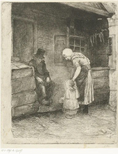 Vrouw met klein kind staat bij zittende oude man voor  arbeiderswoning by Bernardus Johannes Blommers, print, 1855-1892