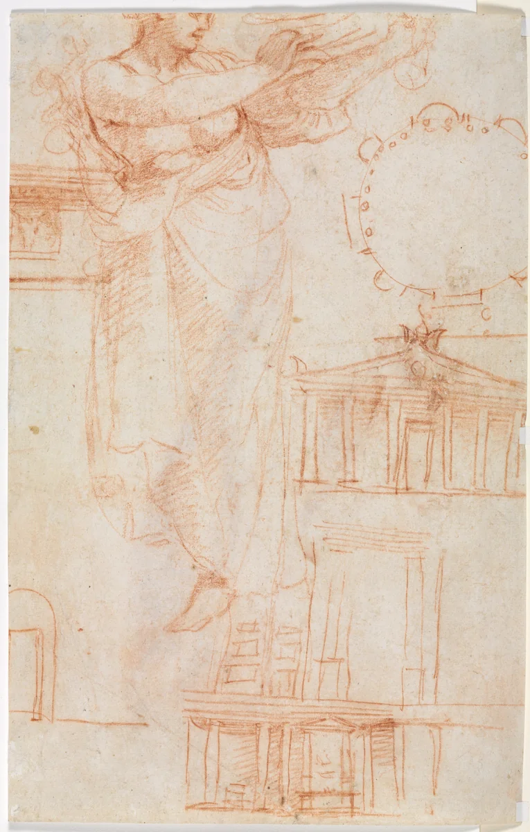 A Draped Female Figure (possibly an Amazon) and Architectural Studies (verso) by Correggio, drawing, 1500-1550