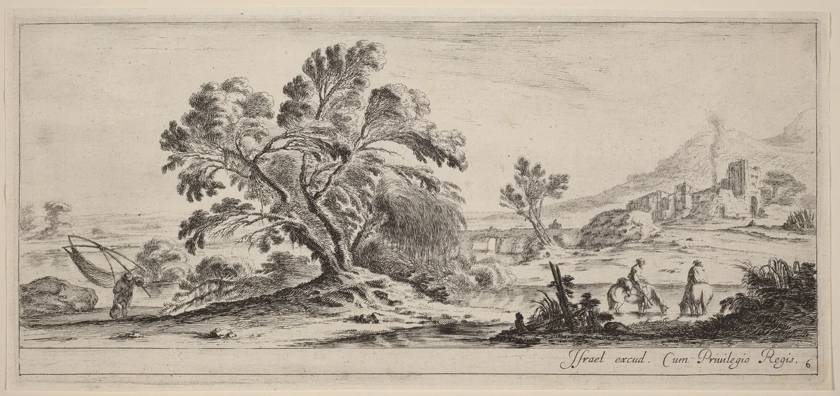 Landscape with Fisherman Carrying his Net by Stefano della Bella, print, 1647