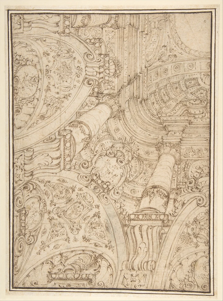 Design for One-Quarter of a Ceiling; Elaborate Architectural Ornament in Perspective by Ferdinando Galli Bibiena, drawing, 1657-1743