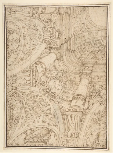 Design for One-Quarter of a Ceiling; Elaborate Architectural Ornament in Perspective by Ferdinando Galli Bibiena, drawing, 1657-1743