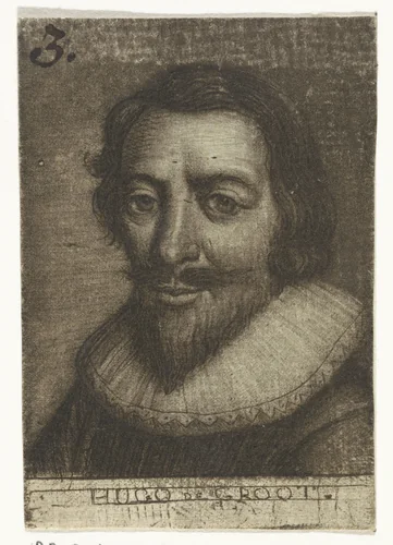 Portret van Hugo de Groot by Rienk Jelgerhuis, print, 1739-1806
