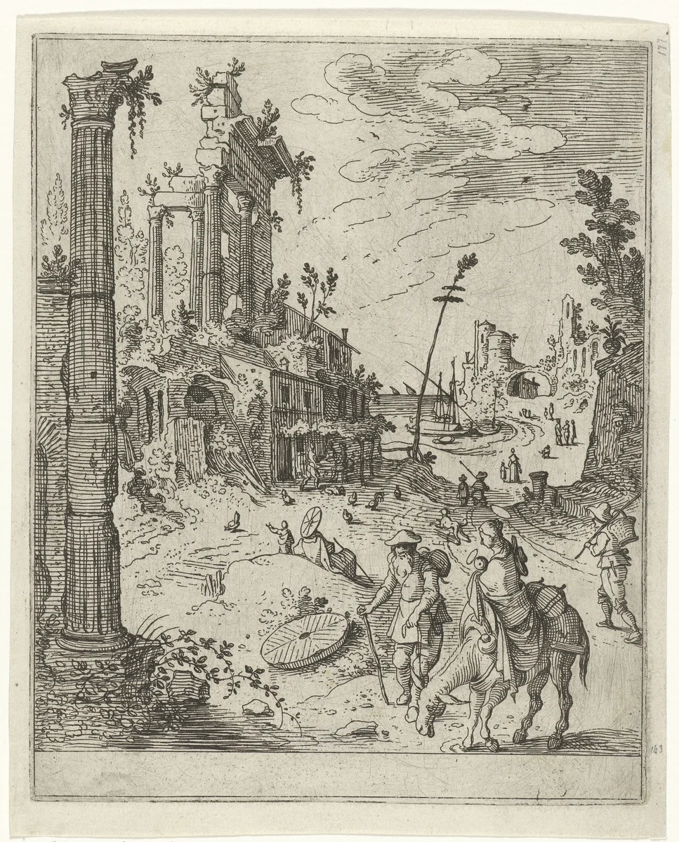 Vlucht naar Egypte by Guilliam van Nieulandt, print, 1594-1618