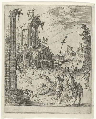 Vlucht naar Egypte by Guilliam van Nieulandt, print, 1594-1618