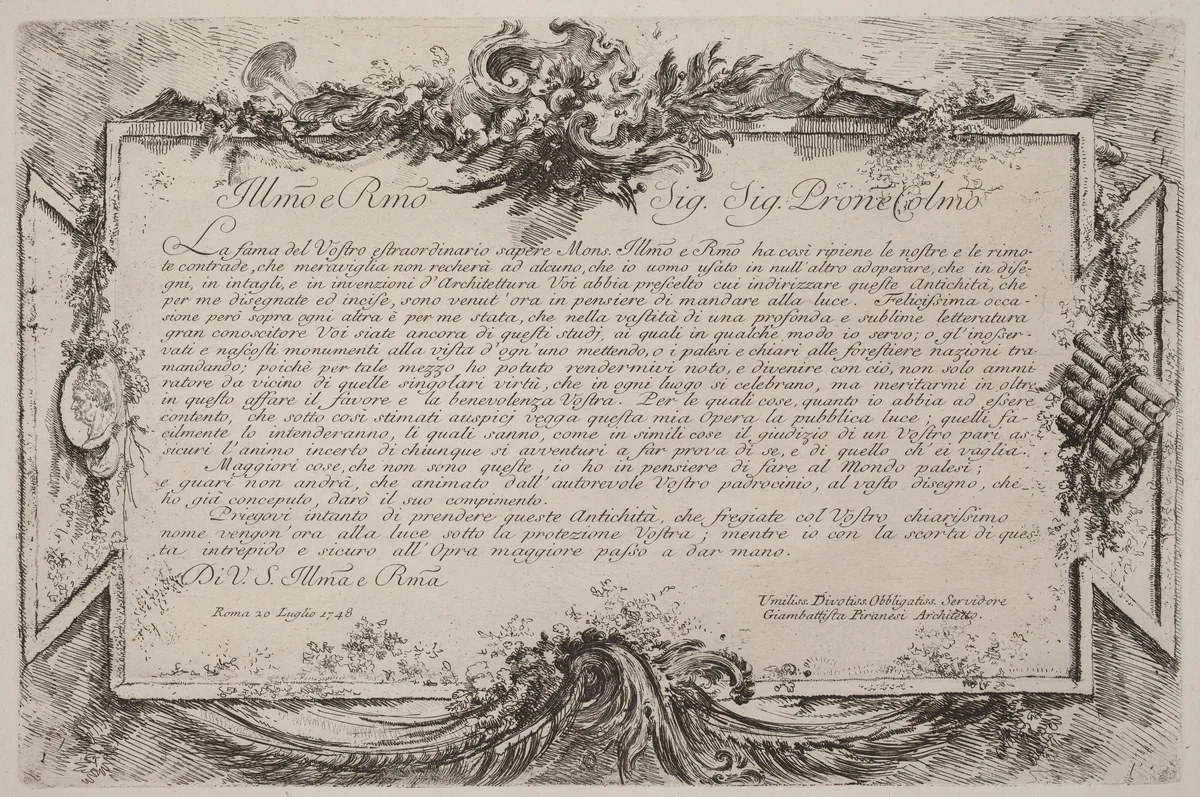 Dedication by Giovanni Battista Piranesi, portfolio, 1748
