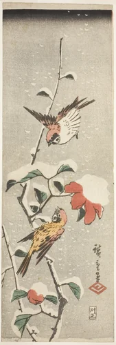 Sparrows and Camellia in Snow by Utagawa Hiroshige (歌川広重), print, 1832-1853