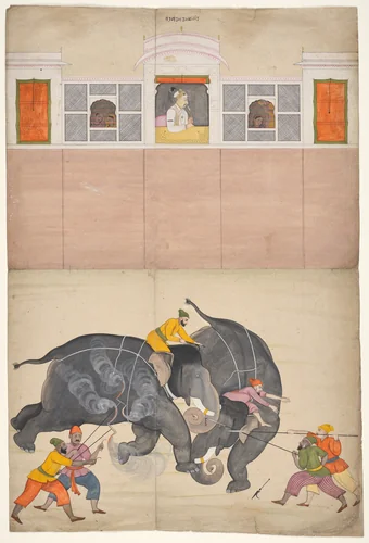 Two Elephants Fighting in a Courtyard Before Muhammad Shah by Nainsukh, painting, 1725-1745