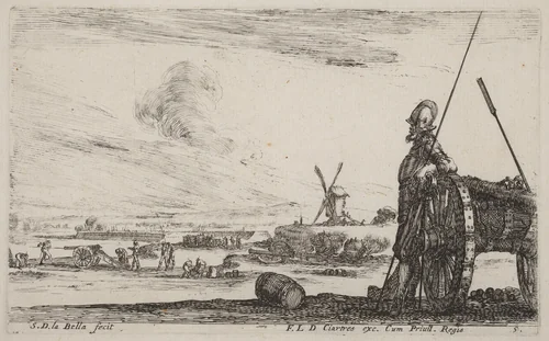 Soldier in Armor and a Cannon by Stefano della Bella, print, 1641