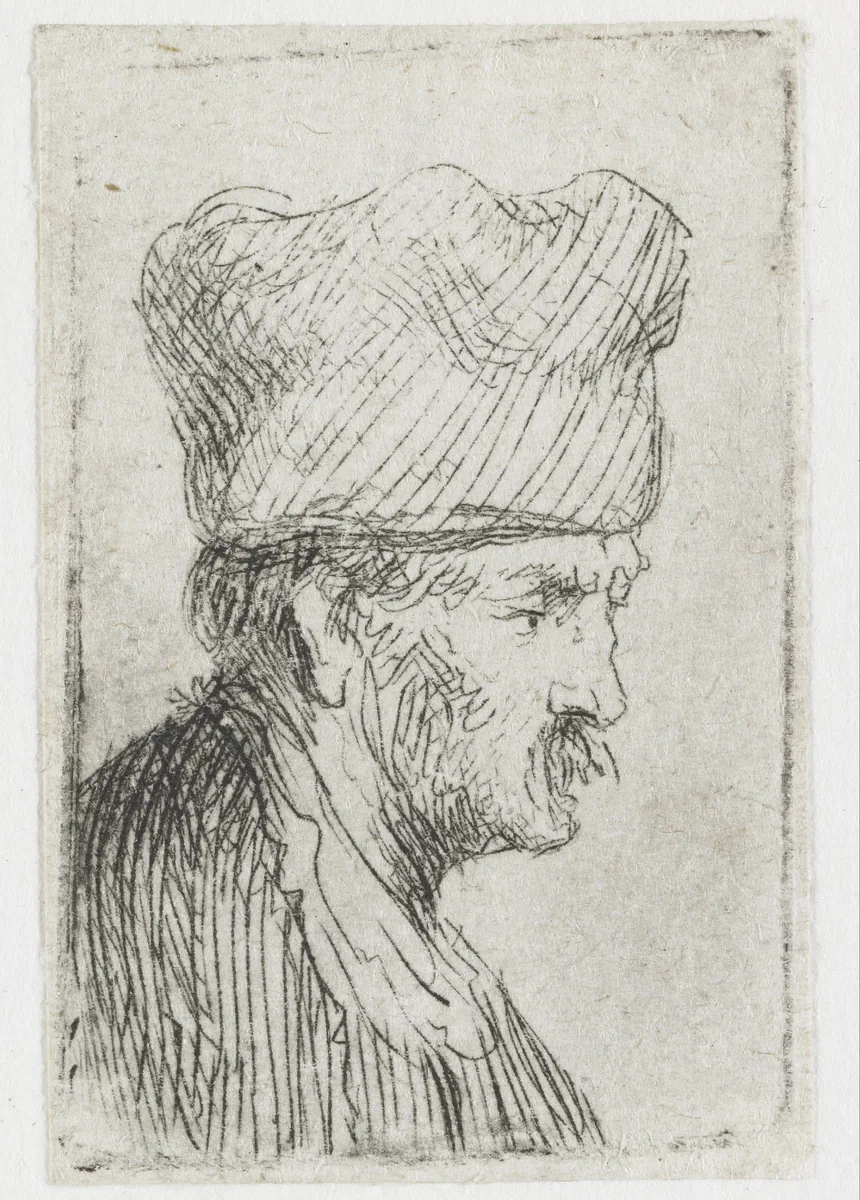 Man in a Square Cap, in Profile to the Right by Rembrandt van Rijn, print, 1629