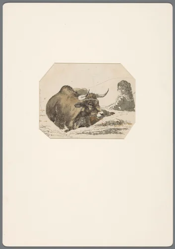 Herdersmeisje zittend achter een liggend rund by David de Sandoz-Rollin, drawing, 1750-1809