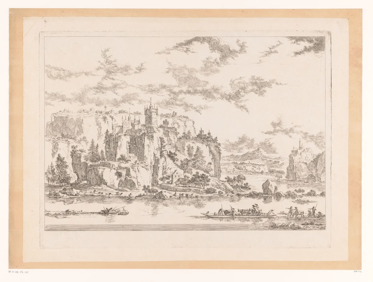 Rivierlandschap met een kasteel op een klif by Gabriel Huquier, print, 1772