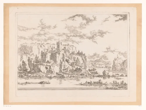 Rivierlandschap met een kasteel op een klif by Gabriel Huquier, print, 1772