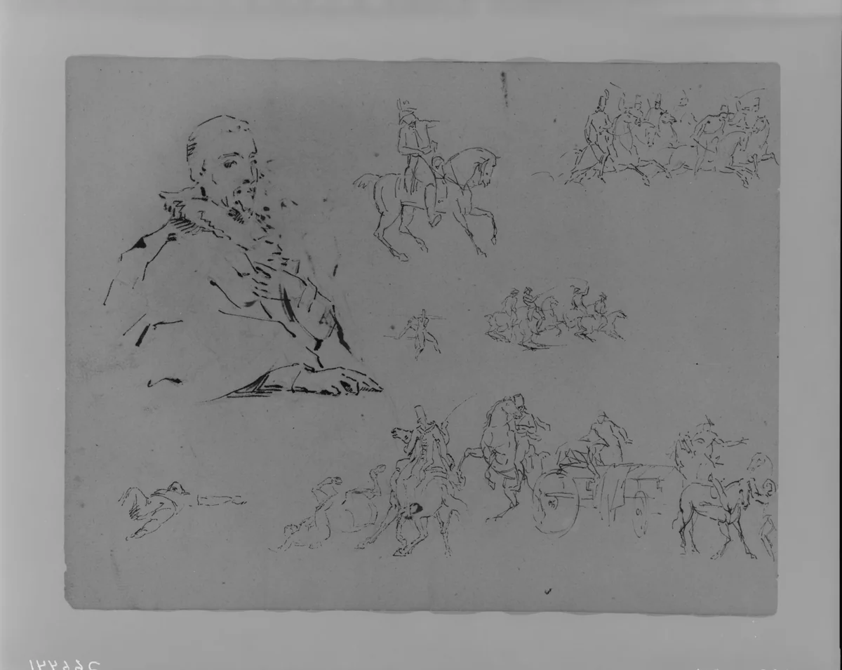 Seated Male (after Van Dyke); Soldier on Horseback; Soldiers on Horseback; Dying Figure; Soldiers on Horseback; Dead Figure; Military Scene (from Sketchbook) by Thomas Sully, artwork, 1810-1820