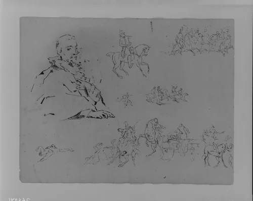 Seated Male (after Van Dyke); Soldier on Horseback; Soldiers on Horseback; Dying Figure; Soldiers on Horseback; Dead Figure; Military Scene (from Sketchbook) by Thomas Sully, artwork, 1810-1820