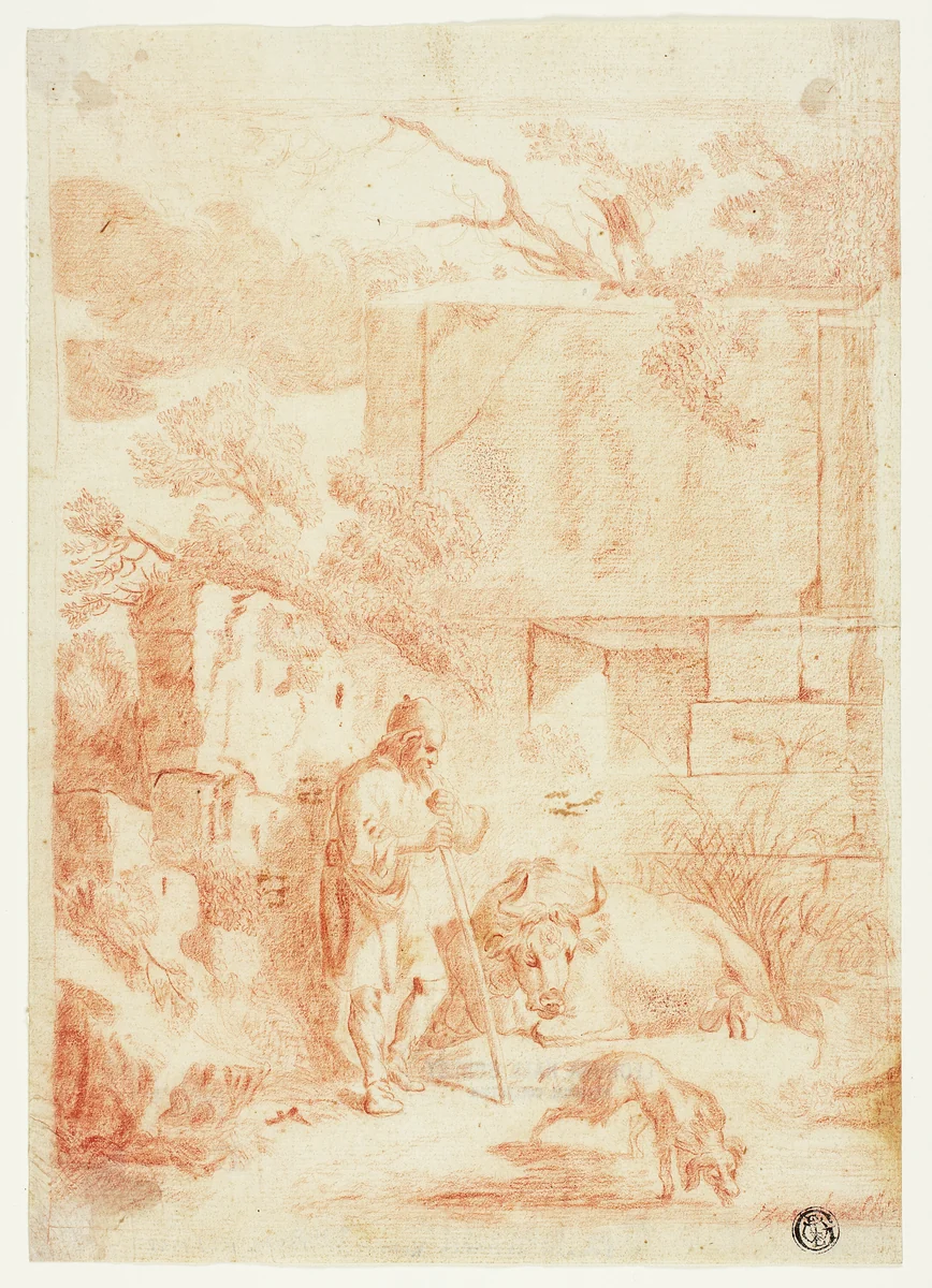 Cowherd with Bull and Dog in Ruins by Johann Heinrich Roos, drawing, 1651-1685