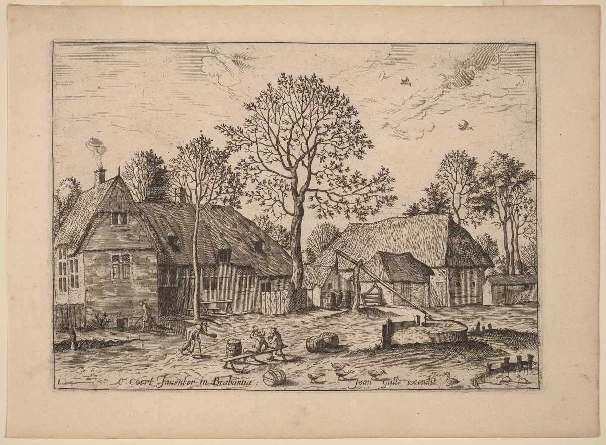 Farms with Draw Well by Johannes van Doetechum; Lucas van Doetechum; Master of the Small Landscapes, print, 1605