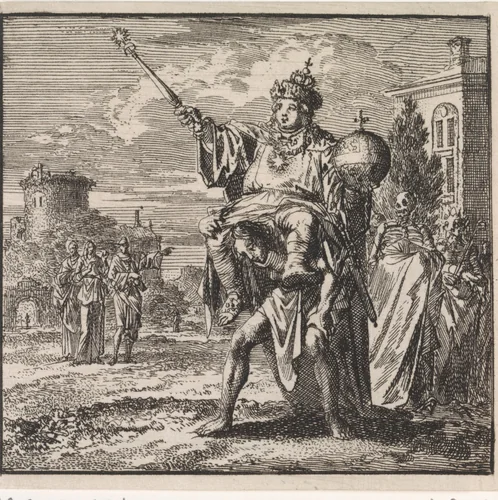 Man gaat gebukt onder het gewicht van de hoogwaardigheidsbekleder op zijn rug, wiens mantel door de dood en de duivel gedragen worden by Jan Luyken, print, 1710