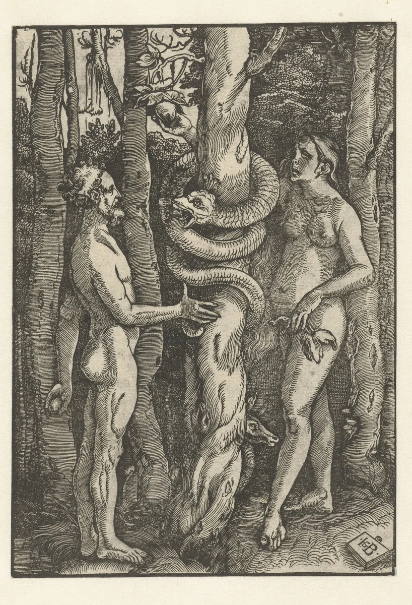 Adam en Eva met de slang by Unknown, print, 1512-1516
