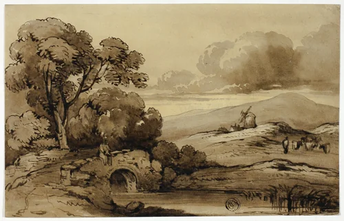 Landscape with Stone Bridge in Foreground and Cows on Hillside by John Varley, drawing, 1815-1836