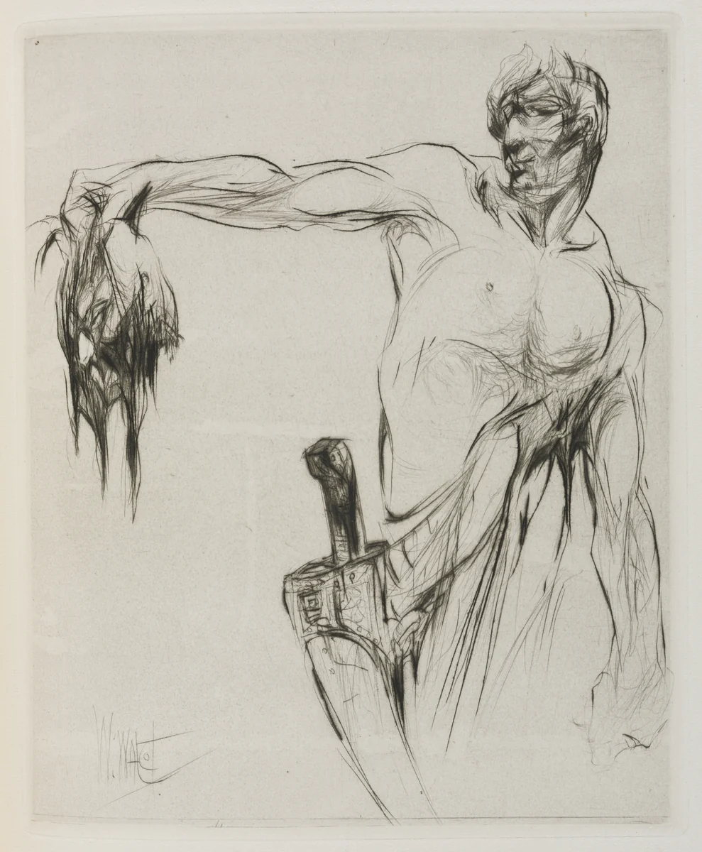 Herodias: Page 53, The head entered and mannaeus held it by the hair, at arm's length, proud from the applause by William Walcot, print, 1928