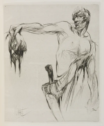 Herodias: Page 53, The head entered and mannaeus held it by the hair, at arm's length, proud from the applause by William Walcot, print, 1928