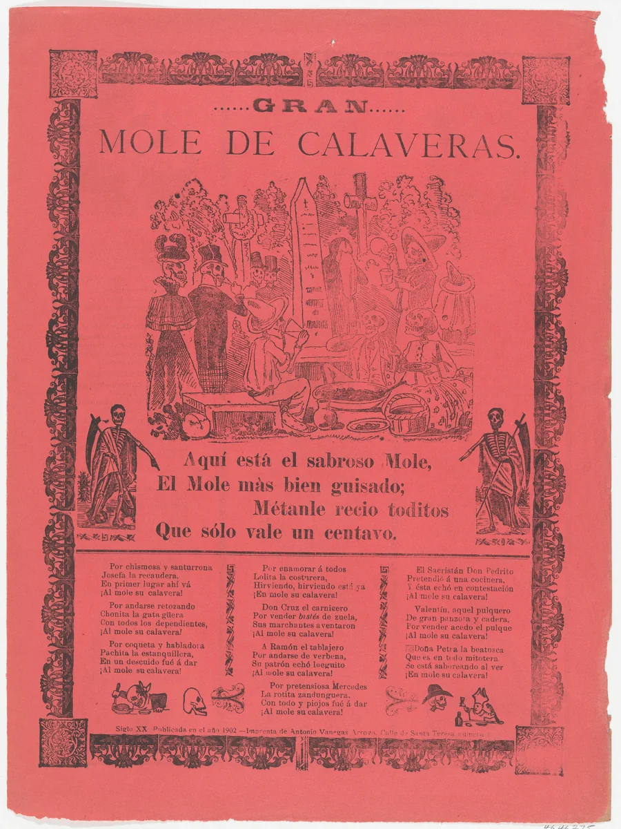 The grand skeleton mole, skeletons eating mole and drinking in a cemetery (Posada); flanked by skeletons holding scythes (Manilla) by José Guadalupe Posada, print, 1902