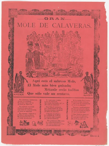 The grand skeleton mole, skeletons eating mole and drinking in a cemetery (Posada); flanked by skeletons holding scythes (Manilla) by José Guadalupe Posada, print, 1902