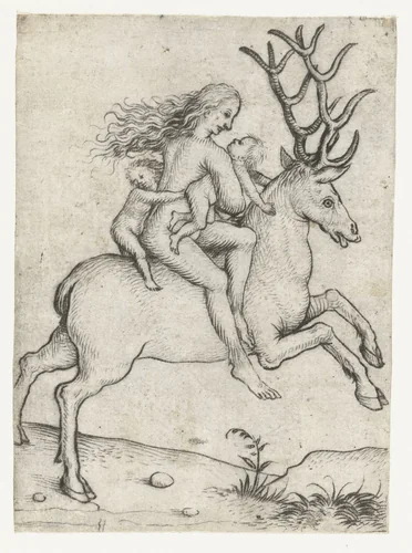 Wildemans-vrouw met kinderen op een hert by Meester van het Amsterdamse Kabinet, print, 1473-1477
