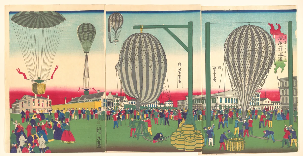 Illustration of a Balloon Ascending (Fūsen shōyō no zu) by Utagawa Yoshitora (歌川芳虎), print, 1872