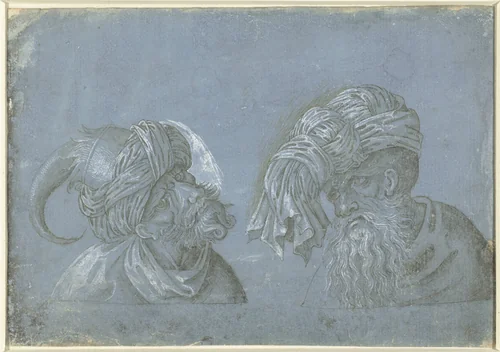 Twee hoofden van mannen met hoofddeksels by Unknown, drawing, 1500-1525