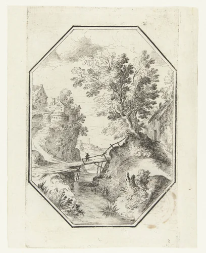 Landschap met houten brug in octagonaal kader by anonymous, print, 1582-1700