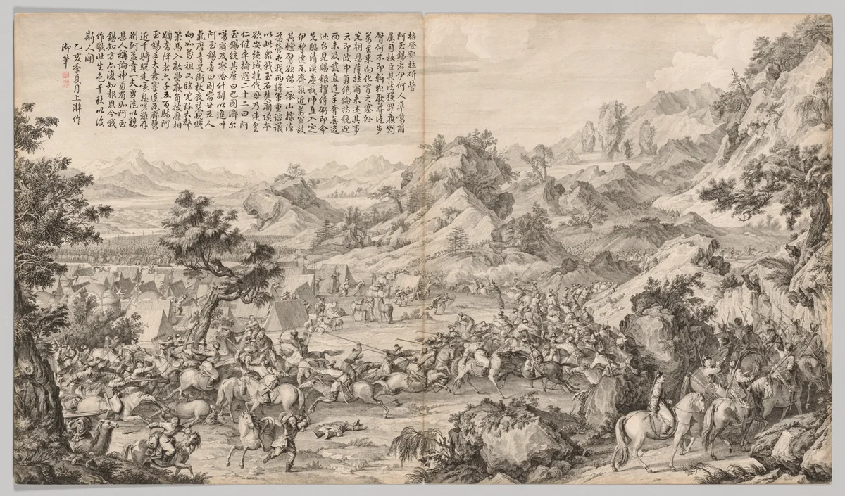 Attacking the Camp at Gatan Ola: from Battle Scenes of the Quelling of Rebellions in the Western Region, with Imperial Poems by Giuseppe Castiglione (郎世寧), print, 1755-1774