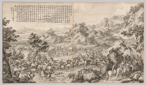 Attacking the Camp at Gatan Ola: from Battle Scenes of the Quelling of Rebellions in the Western Region, with Imperial Poems by Giuseppe Castiglione (郎世寧), print, 1755-1774