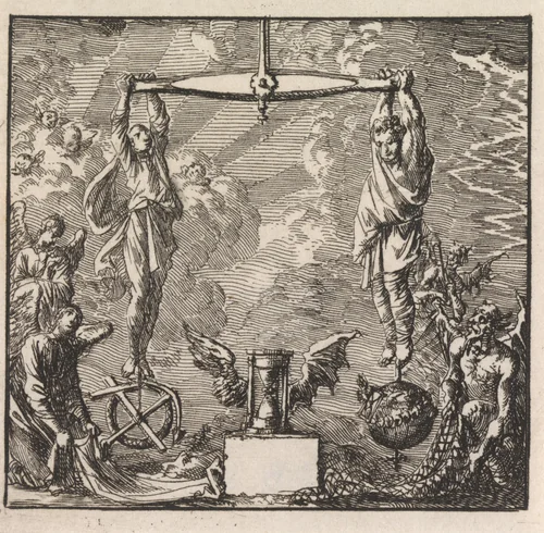 Op een weegschaal worden 'Eeuwig' en 'Tijdelijk' gewogen by Jan Luyken, print, 1710
