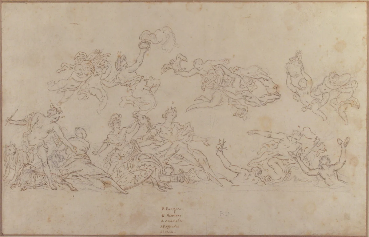 Design for a Ceiling Decoration with Neptune and Allegories of the Four Continents by Pietro Dandini, drawing, 1646-1712