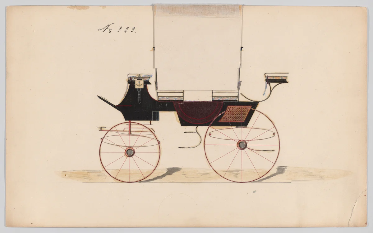 Design for Ten Seat Drag, no. 323 by Brewster & Co., drawing, 1850-1870
