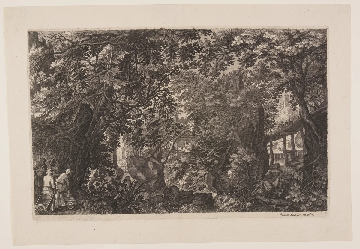 Scene Eight: A Forest with a Wooden Bridge, from Eight Scenes from Bohemia by Aegidius Sadeler II, print, 1610-1620