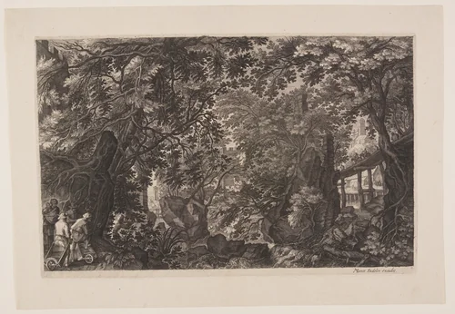 Scene Eight: A Forest with a Wooden Bridge, from Eight Scenes from Bohemia by Aegidius Sadeler II, print, 1610-1620