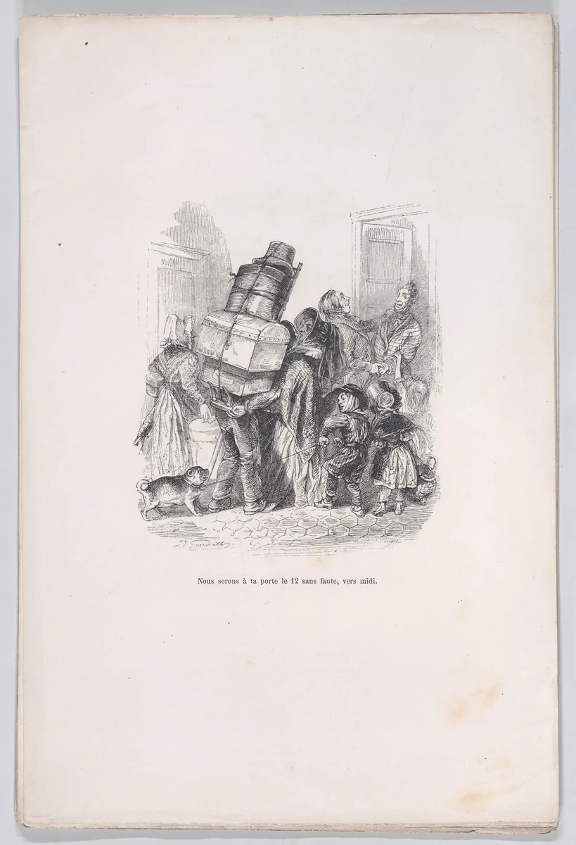 We will be at your door at noon without fail, from "Little Miseries of Human Life" by J. J. Grandville, print, 1843