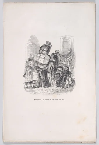 We will be at your door at noon without fail, from "Little Miseries of Human Life" by J. J. Grandville, print, 1843