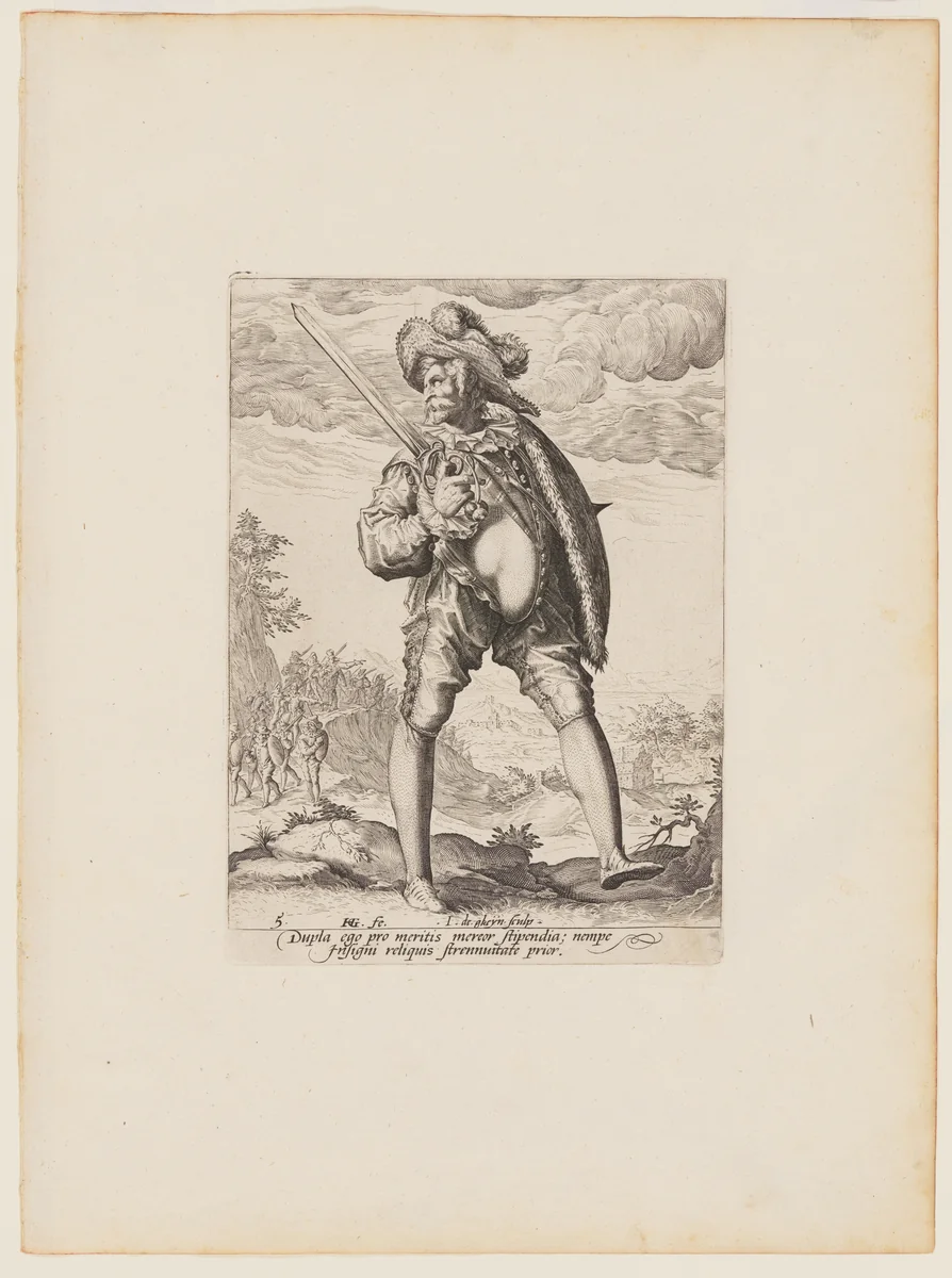 Soldier, Armed with Broadsword and Shield, from Officers and Soldiers of the Bodyguard of Emperor Rudolph II by Jacques de Gheyn II, print, 1587